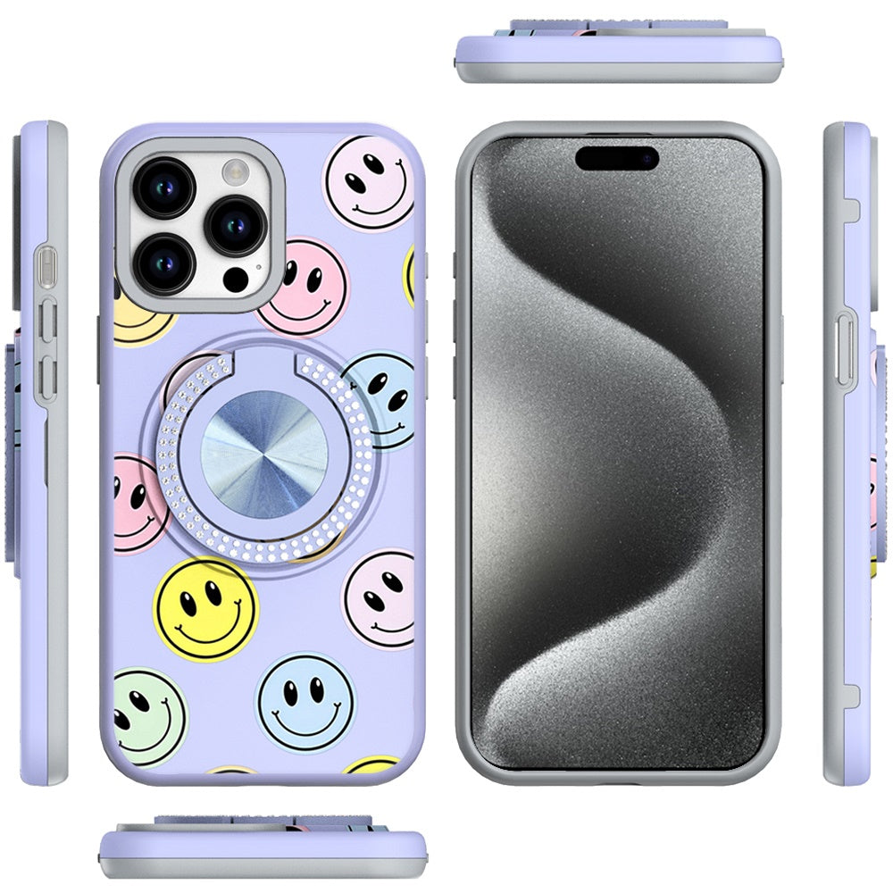 For Apple iPhone 16 (6.1") Pattern Design Hybrid with Invisible Ring Stand & Magnetic Back, Shockproof Protective Grip Case Cover