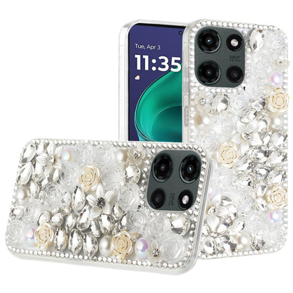 For Motorola Moto G Stylus 5G 2026 /2025 Fashion Rose Flower Floral, 3D Bling Crystal Full Diamonds Pearl Sparkle Rhinestone Glitter Hybrid Case Cover