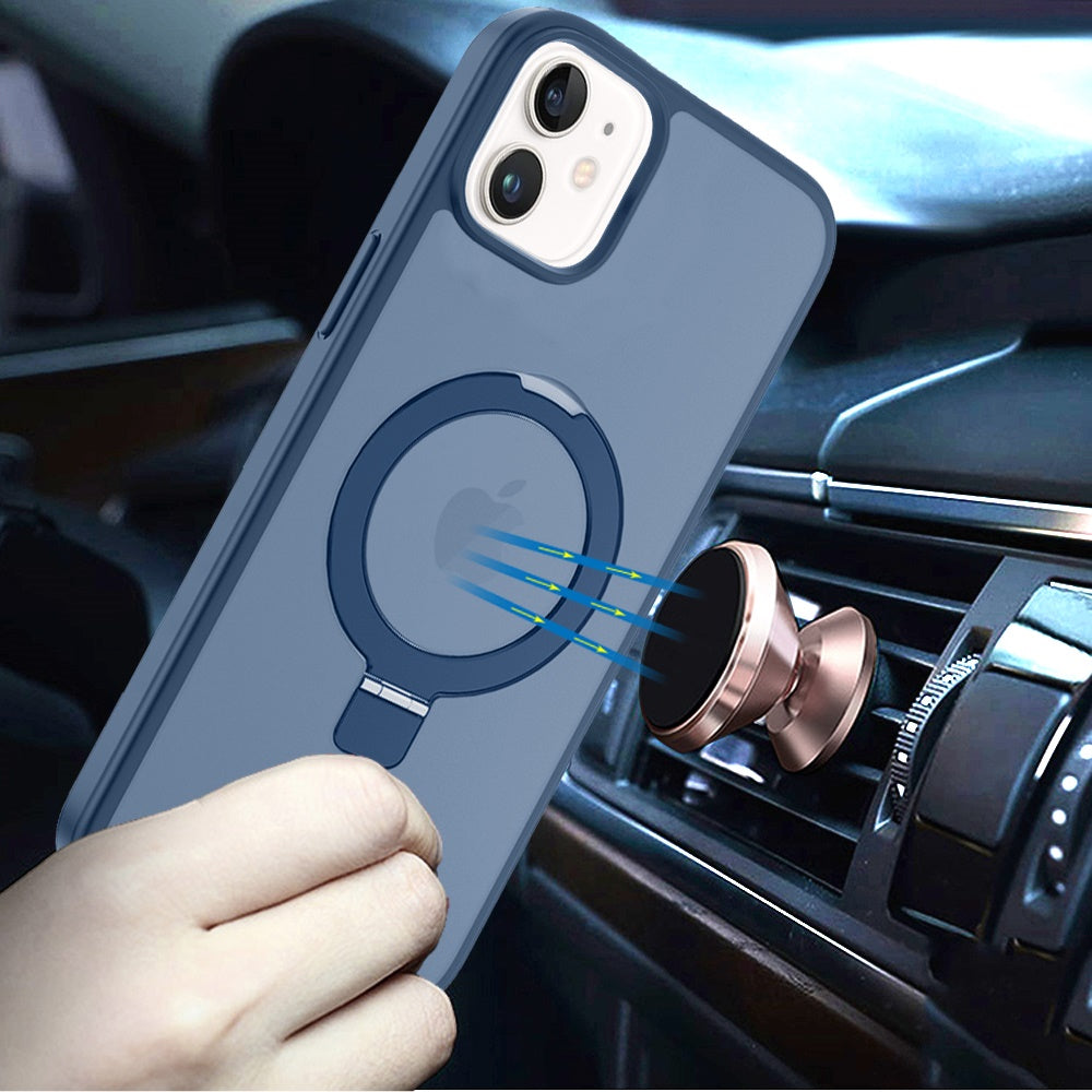 For Apple iPhone 11 Magnetic Circle Back with Ring Stand Full Rotation Matte Hybrid Shockproof Case Cover Blue