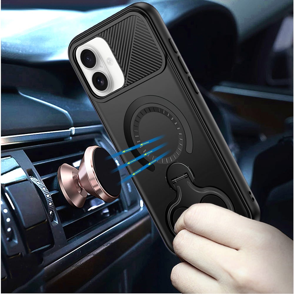 For Apple iPhone 17 (6.3") Hybrid with Invisible 2 Hole Ring Stand Magnetic back Car Mount Friendly Protector Case Cover Black