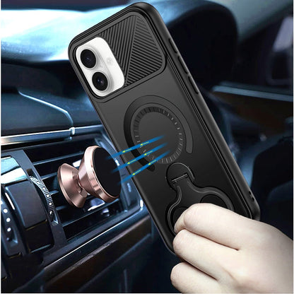 For Apple iPhone 17 (6.3") Hybrid with Invisible 2 Hole Ring Stand Magnetic back Car Mount Friendly Protector Case Cover Black