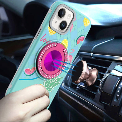 For iPhone 14/13 (6.1") Pattern Design Hybrid with Invisible Ring Stand & Magnetic Back, Shockproof Protective Grip Case Cover