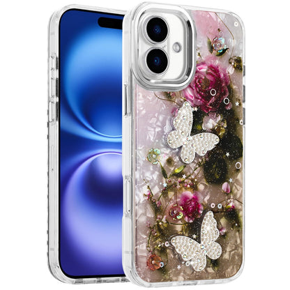 For Apple iPhone 17 (6.3") Epoxy Glitter Flowers Bling 3D Butterfly Fashion TPU Hybrid with Shockproof Protection Case Cover