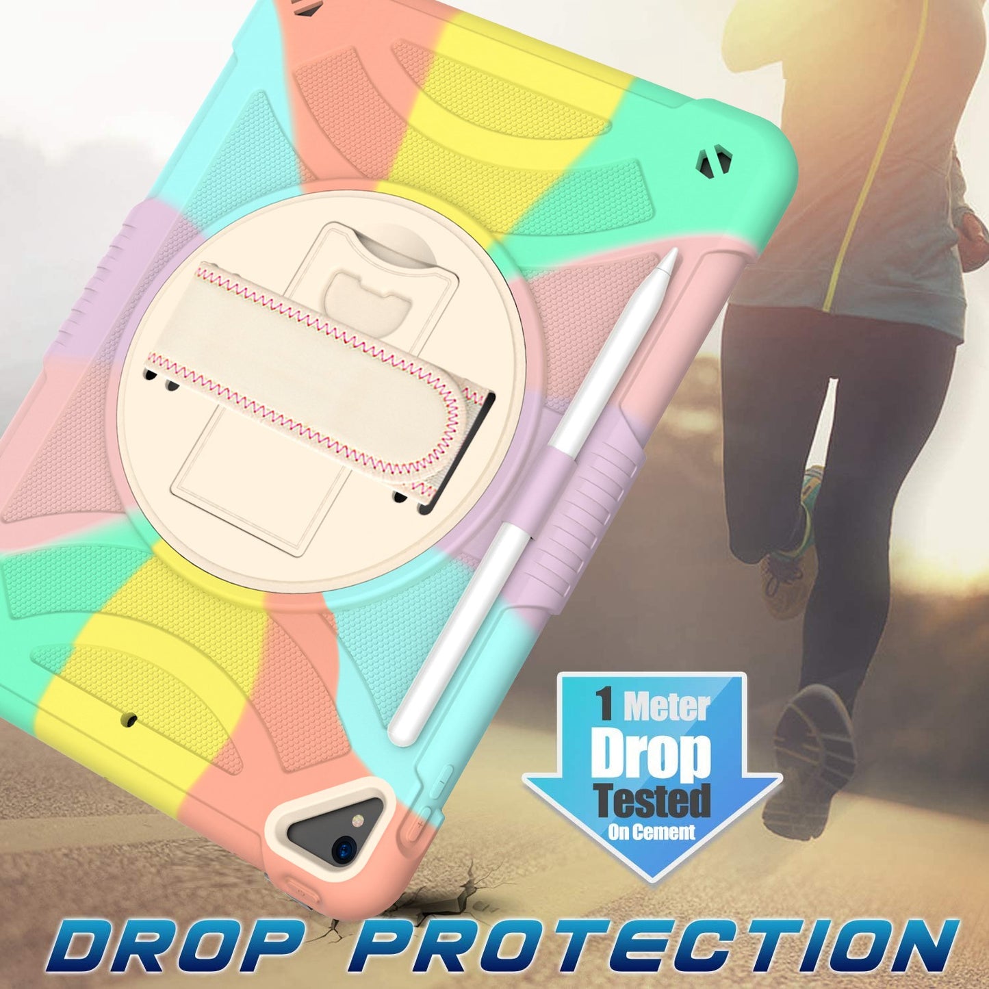 For 3-in-1 Tough Hybrid Shockproof Protector Silicone TPU with Pencil Holder, Kickstand, Hand & Shoulder Strap Colorful Rainbow Tablet Case Cover