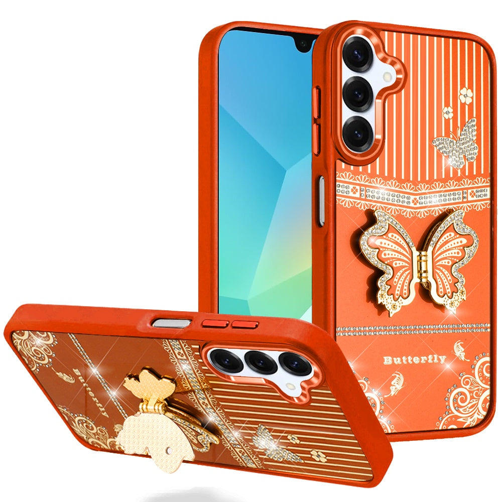 For Samsung Galaxy A16 5G Glitter 3D Butterfly Design Bling Metallic Edge Hybrid Stand Drop Protection TPU Shockproof Case Cover Red