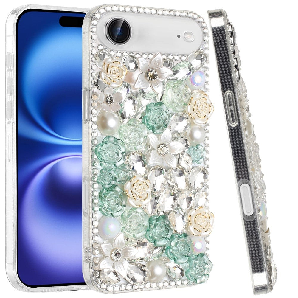 For Apple iPhone 17 Air (6.6") Fashion Rose Flower Floral Bling Crystal 3D Full Diamonds Pearl Sparkle Rhinestone Glitter Hybrid Case Cover
