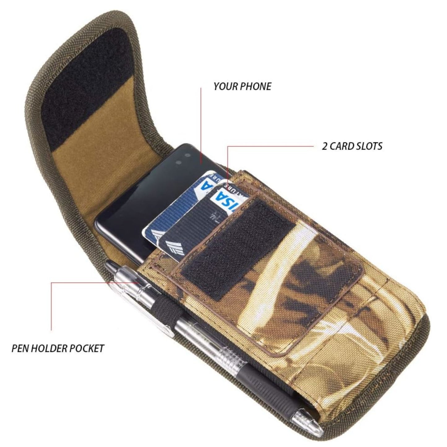For Apple iPhone 16 (6.1") Vertical Camouflage Nylon Canvas Holster Universal Cell Phone Pouch Velcro Closure with Credit Card Slot & Belt Clip Loop Carabiner [Hunting Camo]