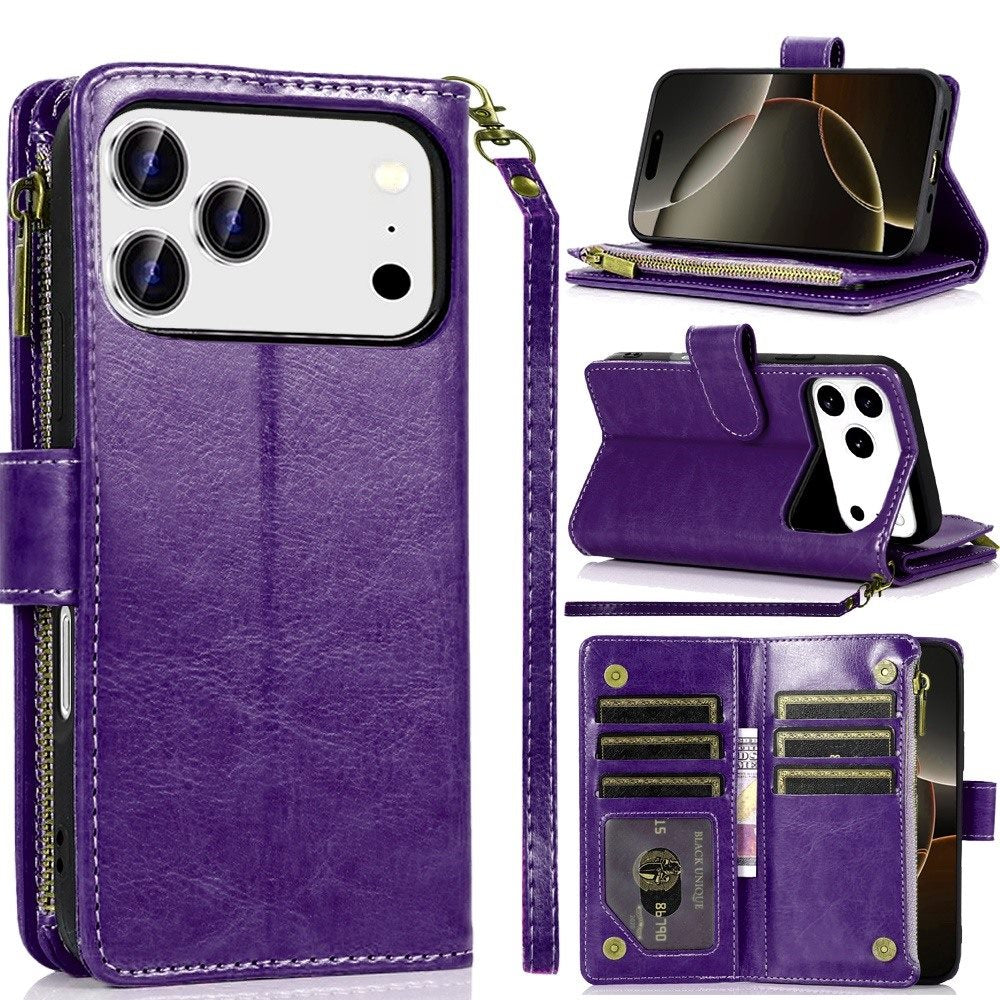 For Apple iPhone 17 Pro (6.3") Leather Wallet Case with Zipper, 9 Card Slots, Cash Pocket, Stand & Strap, Clutch Pouch Design Case Cover
