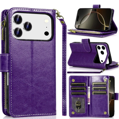 For Apple iPhone 17 Pro (6.3") Leather Wallet Case with Zipper, 9 Card Slots, Cash Pocket, Stand & Strap, Clutch Pouch Design Case Cover