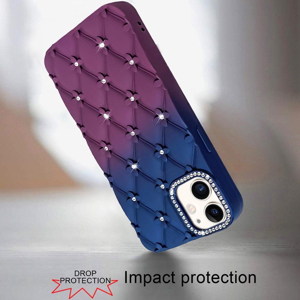 For Apple iPhone 11 Fashion Flower Design Sparkle Glitter Shimmer Rhinestone Bling Floral Accents, Leather Texture TPU Case Cover Dark Blue/Burgundy