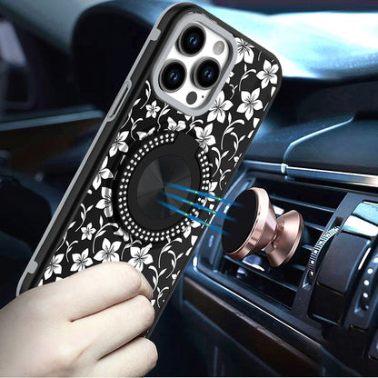 For Apple iPhone 16e Pattern Design Hybrid with Invisible Ring Stand & Magnetic Back, Shockproof Protective Grip Case Cover Classic Floral