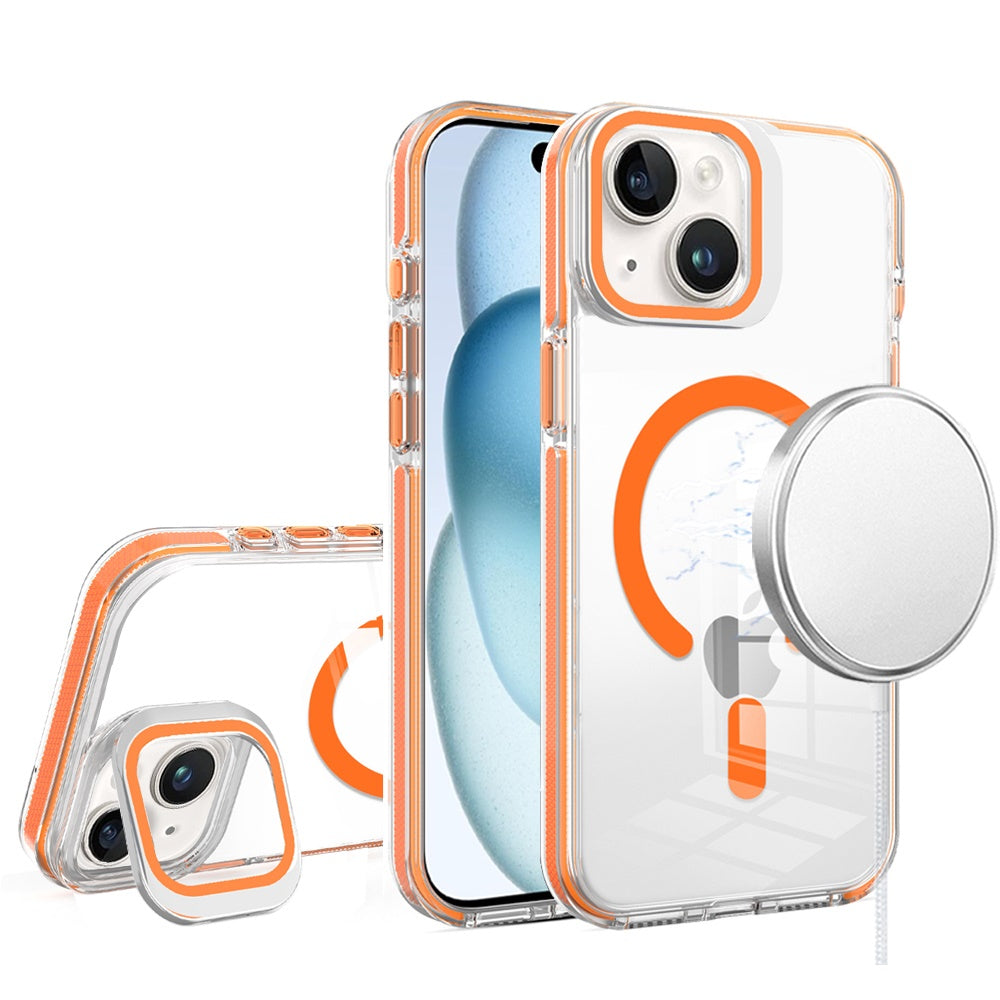 Phone Case for iPhone 15 (6.1") Magnetic Transparent Tough Hybrid Camera Guard Stand Shockproof Color Edge Rugged Grip Durable Cover Cosmic Orange