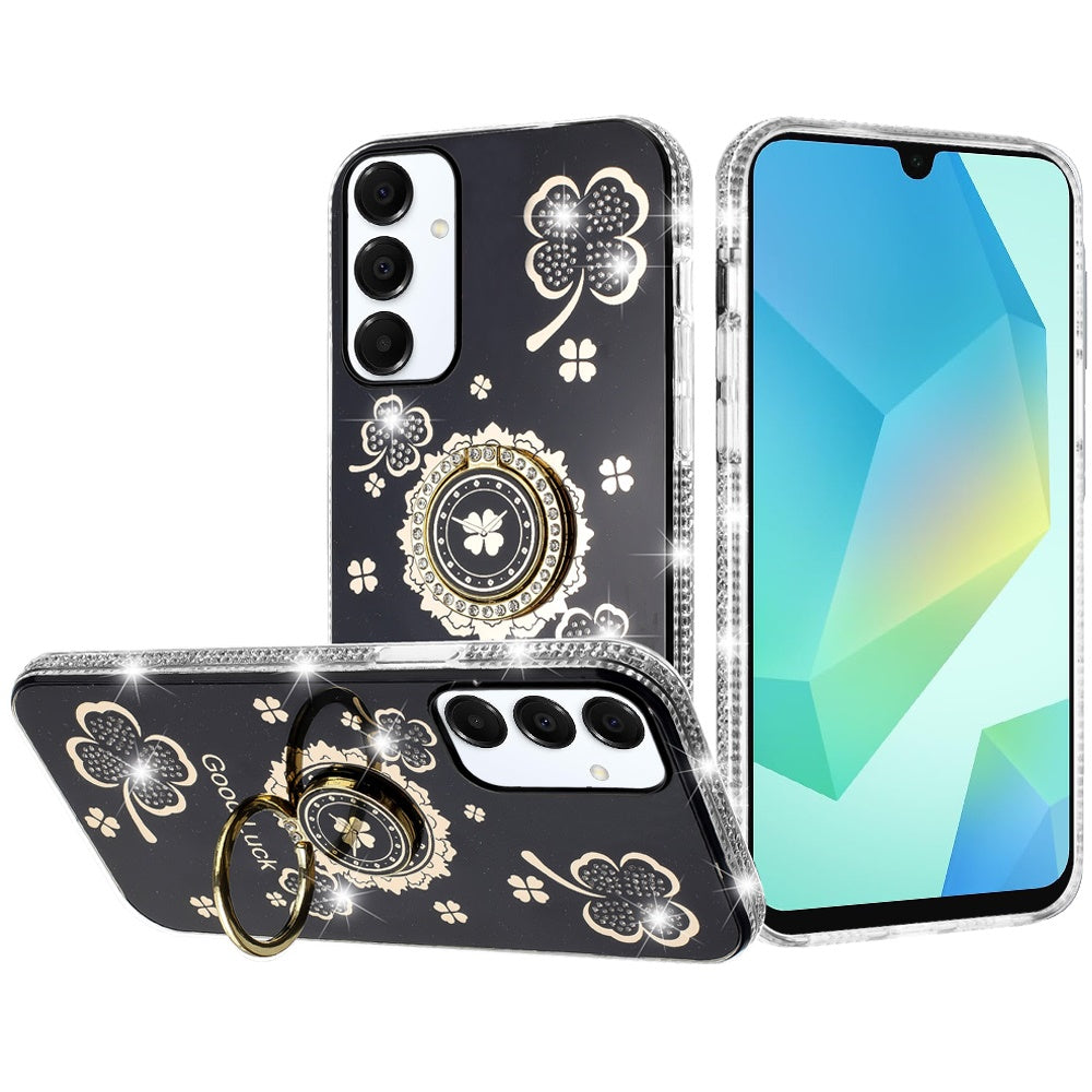 For Samsung Galaxy S26 Ultra Diamonds Bling All Around Edges Sparkly Glitter Hybrid with Ring Stand Holder Fashion Good Luck Case Cover