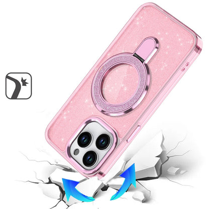For Apple iPhone 15 Pro Max Transparent Glitter Bling Case with Rotating Magnetic Ring Stand, Shockproof Hybrid Case Cover