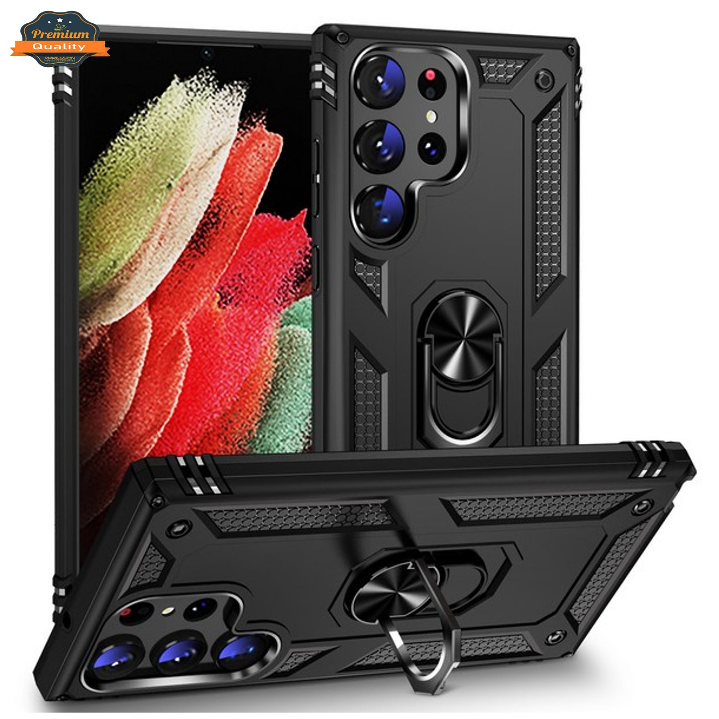 For Samsung Galaxy S26 Shockproof Hybrid Dual Layer PC + TPU with Metal Ring Kickstand Heavy Duty Armor Shell Case Cover Black