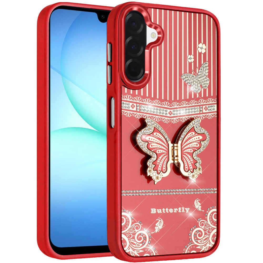 For Samsung Galaxy A17 5G Glitter 3D Butterfly Design Bling Metallic Edge Hybrid Stand Drop Protection TPU Shockproof Case Cover