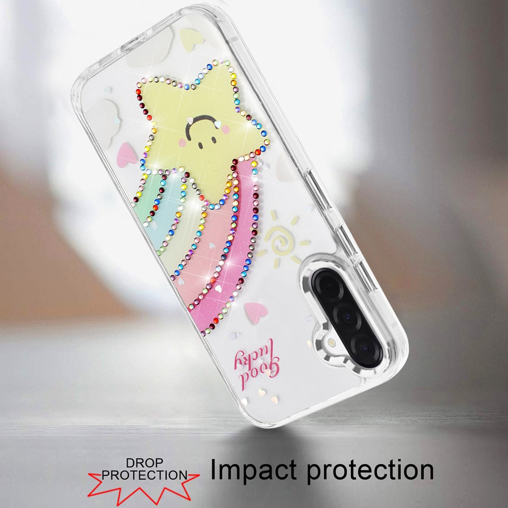For Samsung Galaxy A36 Butterfly Resin Epoxy Diamond Design Metal Edged Hybrid Shockproof Heavy Duty Drop Protection Case Cover