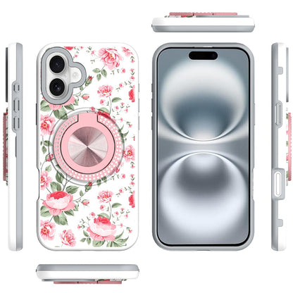 For Apple iPhone 16 (6.1") Pattern Design Hybrid with Invisible Ring Stand & Magnetic Back, Shockproof Protective Grip Case Cover