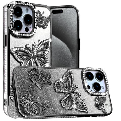 Phone Case for iPhone 15 Pro Max (6.7") Butterfly Freedom Shimmer Glitter Thick TPU Shockproof Anti Slip Durable Protective Design Cover Black