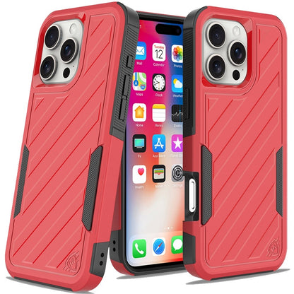 For iPhone 16 (6.1") Hybrid lined shockproof dual layer Rugged 2in1 Hard PC & Silicone TPU Non Slip Textured Tough Armor Case Cover Red+Black