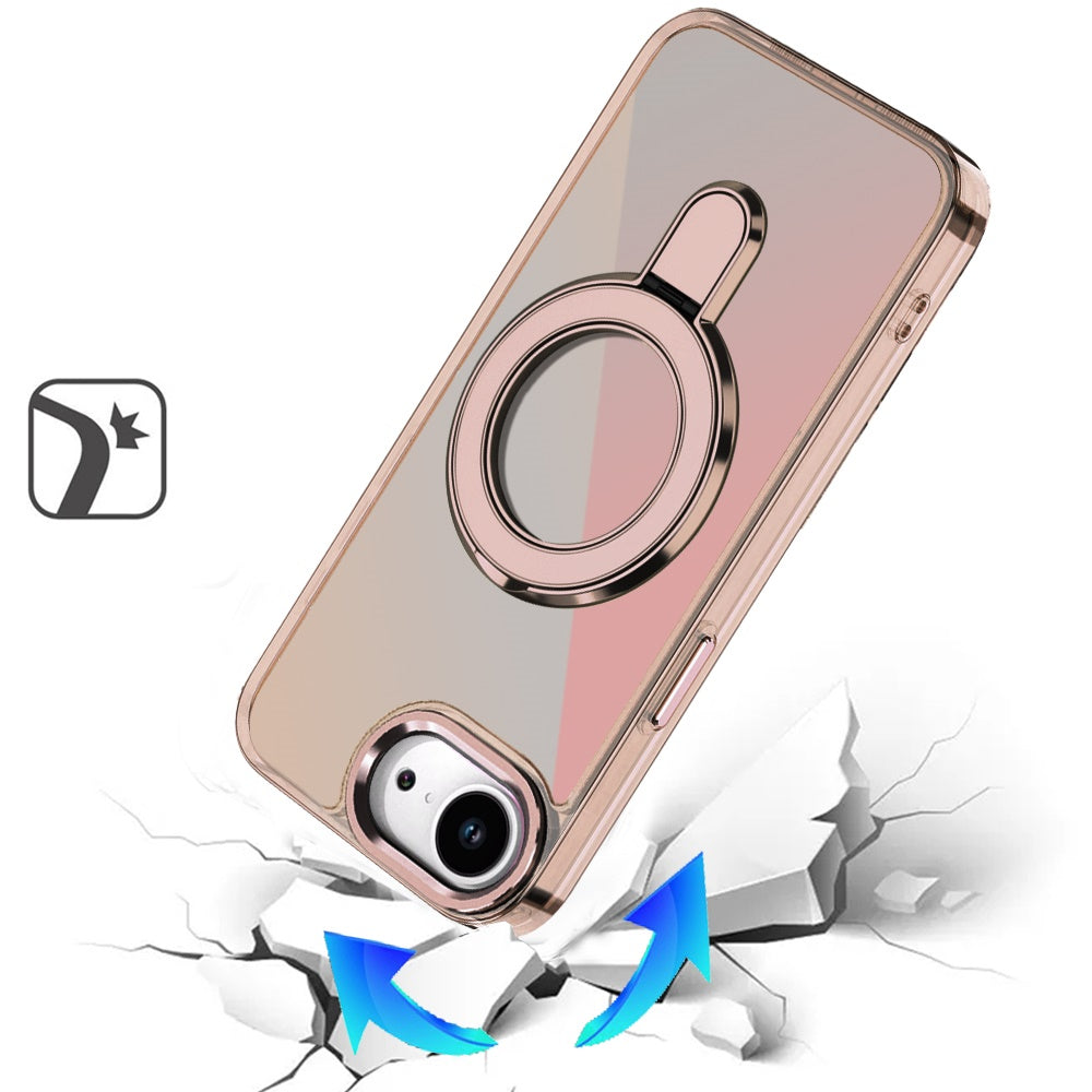 For Apple iPhone 16e Chrome Hybrid with Rotating Magnetic Circle Ring Stand, Slim Shockproof Hybrid Case Cover