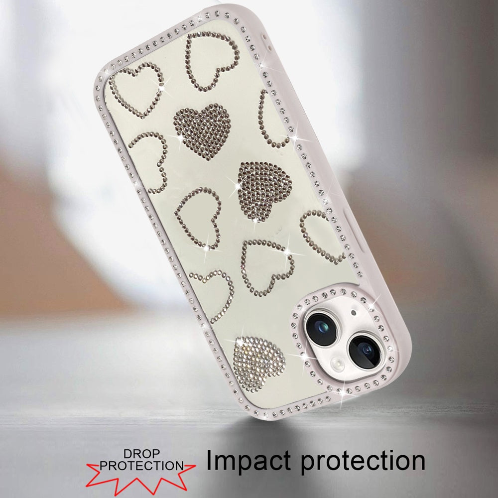 For Apple iPhone 17E /16E Spread Love Glitter Shimmer Bling Diamond Edge Hybrid Drop Protection Shockproof Design Case Cover Beige