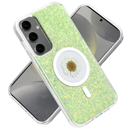 For Samsung Galaxy S25+ /S25 Plus /S24+ Plus MagSafe Compatible Glitter Flower Epoxy Hybrid Slim TPU Case, Magnetic Circle Design, Sparkly Bling Protective Case Cover