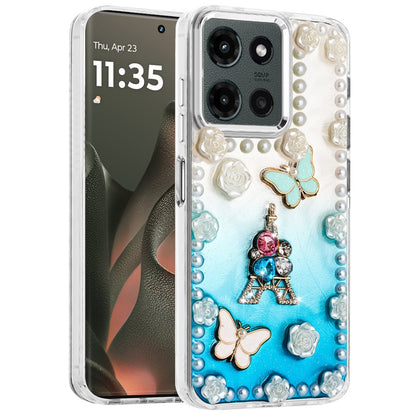 For Motorola Moto G Power 5G 2025 Bling Fashion Design with 3D Pearls Epoxy Glitter Ornaments Chrome Edge Hard Slim PC Case Cover