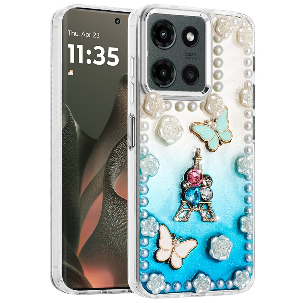 For Motorola Moto G Stylus 5G 2025 Bling Fashion Design with 3D Pearls Epoxy Glitter Ornaments Chrome Edge Hard Slim PC Case Cover