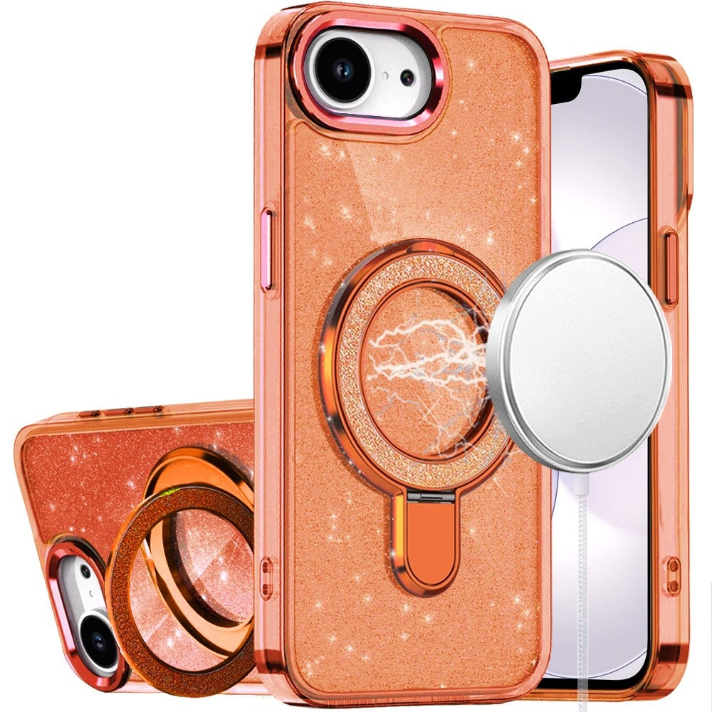 For Apple iPhone 17E /16E Transparent Glitter Bling Case with Rotating Magnetic Ring Stand, Shockproof Hybrid Case Cover Cosmic Orange