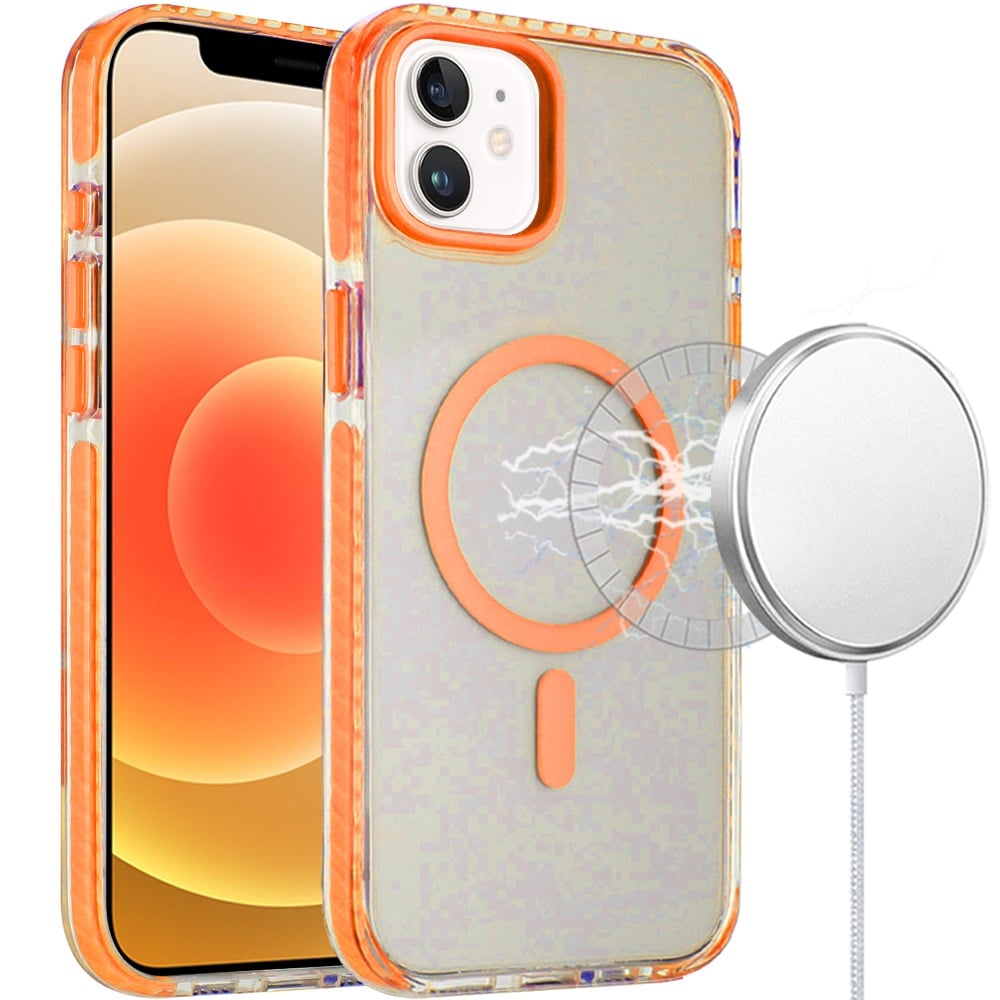 For iPhone 12 / iPhone 12 Pro (6.1") Transparent Hybrid with Color-Matched Magnetic Circle, Rubber TPU Frame Hard PC Shockproof Case Cover Cosmic Orange