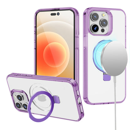 For Apple iPhone 17E /16E Transparent Magnetic Ring Circle Stand with MagSafe Compatible Hybrid Dotted Edged Hard PC Shockproof Case Cover Light Purple