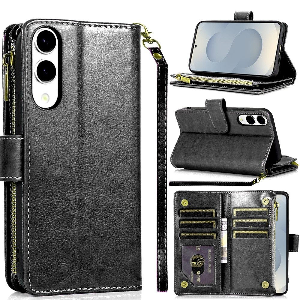 For Samsung Galaxy S25 EDGE Leather Wallet Case with Zipper, 9 Card Slots, Cash Pocket, Stand & Strap, Clutch Pouch Design Case Cover Black