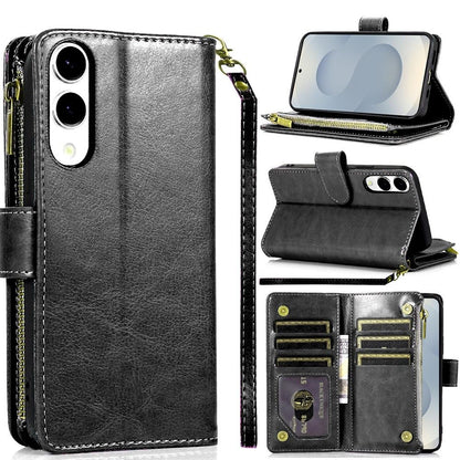 For Samsung Galaxy S25 EDGE Leather Wallet Case with Zipper, 9 Card Slots, Cash Pocket, Stand & Strap, Clutch Pouch Design Case Cover Black