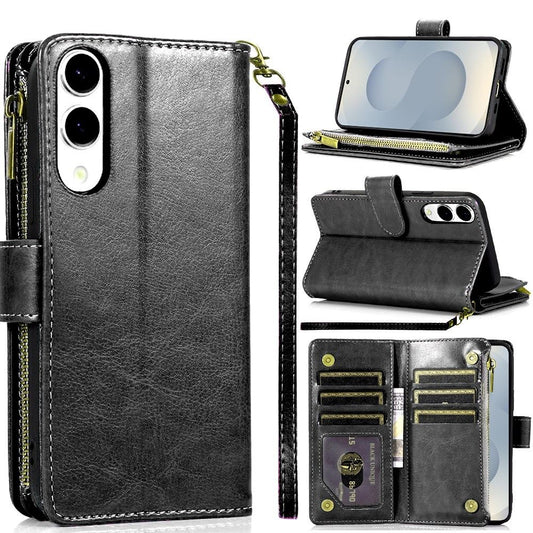 For Samsung Galaxy S25 EDGE Leather Wallet Case with Zipper, 9 Card Slots, Cash Pocket, Stand & Strap, Clutch Pouch Design Case Cover Black