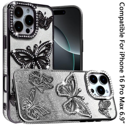 Phone Case for Apple iPhone 16 Pro Max Butterfly Freedom Shimmer Glitter Thick TPU Shockproof Anti Slip Durable Protective Design Cover