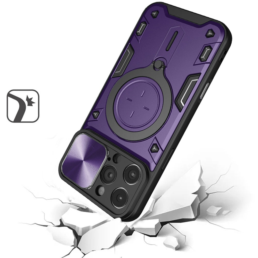 For Apple iPhone 16 Pro (6.3") Hybrid Magnetic Circle 360° Ring Kickstand with MagSafe Compatible & Camera lens Protector Case Cover Purple