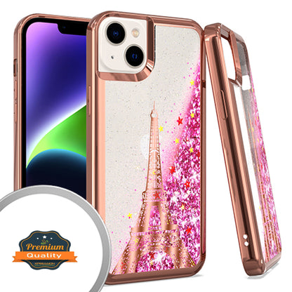 For Apple iPhone 15 Pro (6.1") Quicksand Liquid Glitter Bling Flowing Sparkle Fashion Hybrid TPU Chrome Plating Hard Paris Eiffel Tower Phone Case Cover