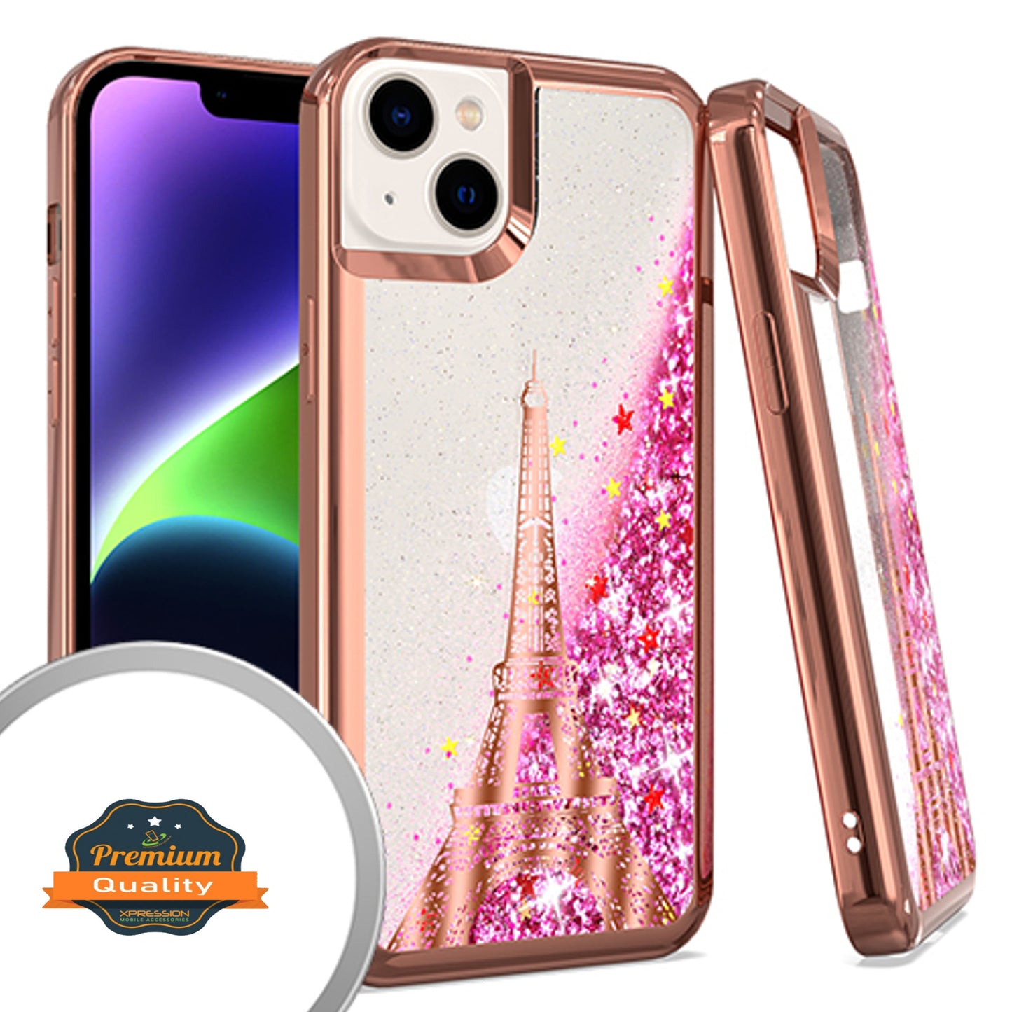 For Apple iPhone 15 (6.1") Quicksand Liquid Glitter Bling Flowing Sparkle Fashion Hybrid TPU and Chrome Plating Hard Paris Eiffel Tower Phone Case Cover