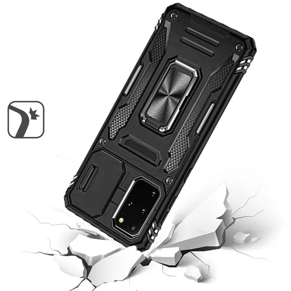 For Samsung Galaxy S20 Ultra Tough Hybrid Case with Movable Camera Window & Metal Ring Stand Shockproof Case Cover Black