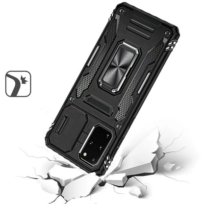 For Samsung Galaxy S20 Ultra Tough Hybrid Case with Movable Camera Window & Metal Ring Stand Shockproof Case Cover Black