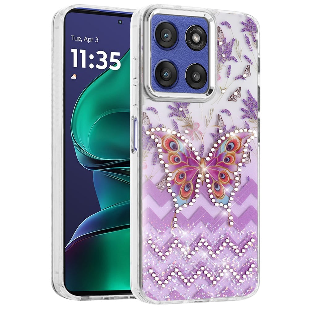 For Motorola Moto G Stylus 5G 2026 /2025 Butterfly Resin Epoxy Diamond Design Metal Edged Hybrid Shockproof Heavy Duty Drop Protection Case Cover