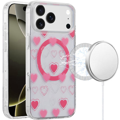 For Apple iPhone 17 Stylish Pattern Fashion IMD Printed Design TPU Double Layer Slim Shockproof with Magnetic Back Case Cover Pink Heart