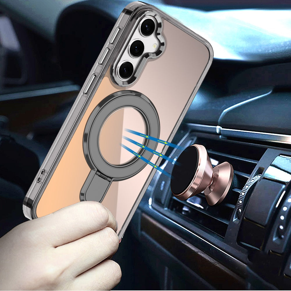 For Samsung Galaxy S26+ / S26 Plus Chrome Hybrid with Rotating Magnetic Circle Ring Stand, Slim Shockproof Hybrid Case Cover