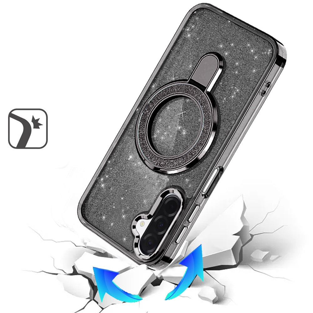 For Samsung Galaxy A17 5G Transparent Glitter Bling Case with Rotating Magnetic Ring Stand, Shockproof Hybrid Case Cover Black
