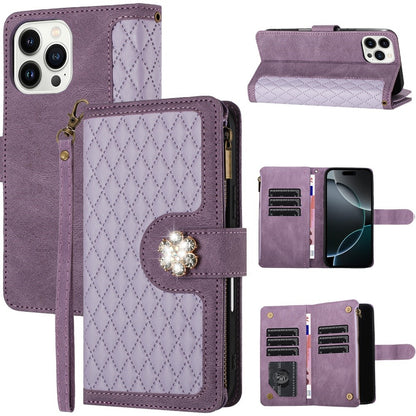 For Apple iPhone 16 Pro (6.3") PU Leather Wallet Design Jewel Bling with Credit Card Holder Flip Folio Pouch Zipper Purse Wrist Strap Case Cover