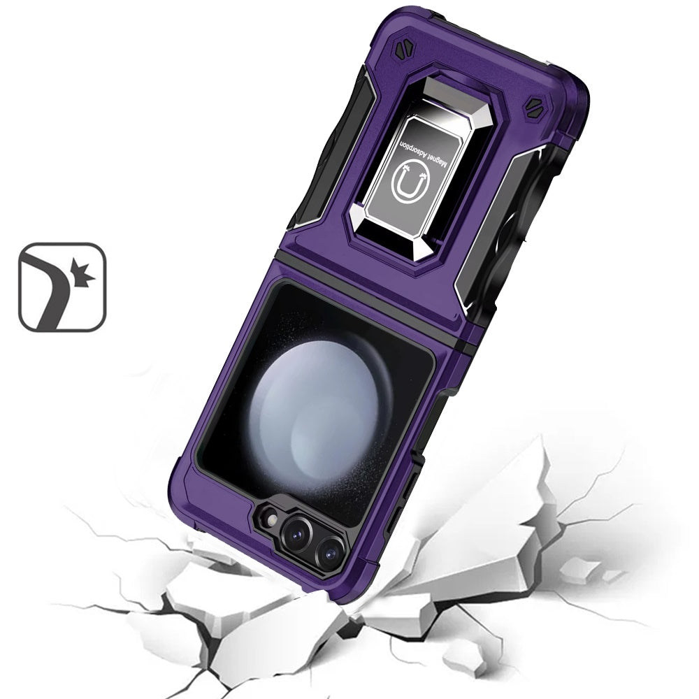 For Samsung Galaxy Z Flip 7 FE Hybrid Stand Magnetic Ring Holder Kickstand Heavy Duty Rugged Drop Silicone & Hard PC Shockproof Case Cover Purple