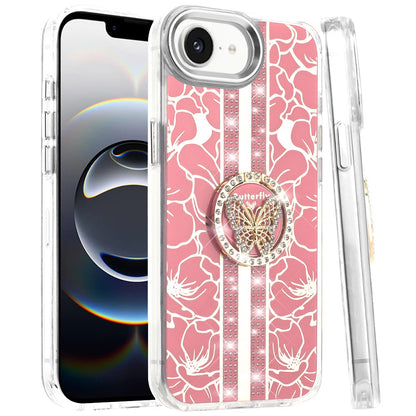 For Apple iPhone 16e Diamonds 3D Butterfly Floral Design Bling Sparkly Glitter Hybrid Metal Fashion with Ring Stand Case Cover
