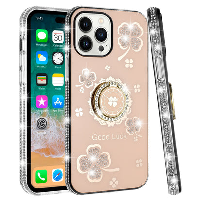 For Apple iPhone 16 Pro (6.3") Diamonds Bling All Around Edges Sparkly Glitter Hybrid with Ring Stand Holder Fashion Good Luck Case Cover