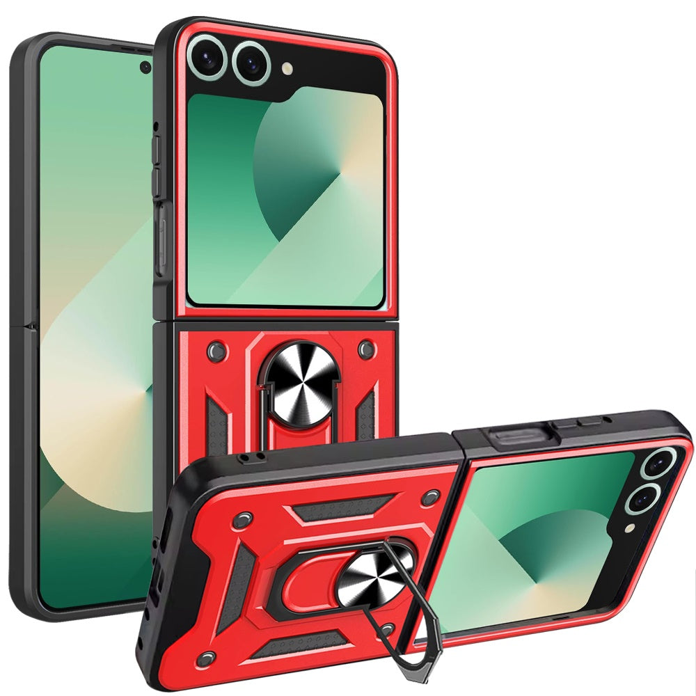 For Samsung Galaxy Z Flip 7 Hybrid Case with Slide Camera Lens Cover, Ring Kickstand, Heavy-Duty Dual Layer TPU, Fit Magnet Car Mount Case Cover